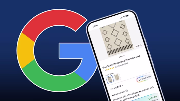 A smartphone displays Google's AI shopping tool with a product listing for a washable rug, overlaid on a large Google logo.