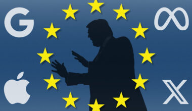 Silhouette of Donald Trump surrounded by yellow EU stars, with Google, Meta, Apple, and X logos on a blue background.