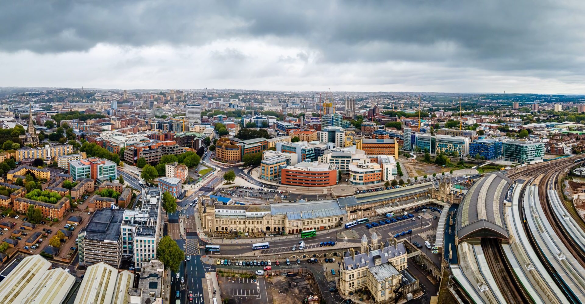 Aerial view of Bristol Temple Meads train station in cloudy day, UK