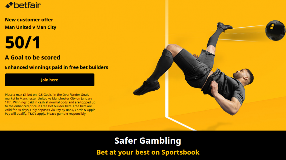 Betfair Manchester Derby Offer – 50/1 A Goal To Be Scored (17 January 2026)