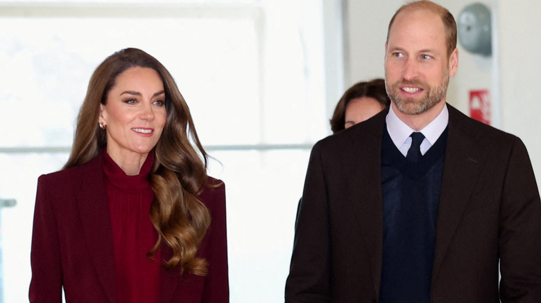 Princess Catherine red suit Prince William brown jacket
