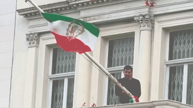 Iran Embassy London flag torn down, replaced with pre-1979 symbol