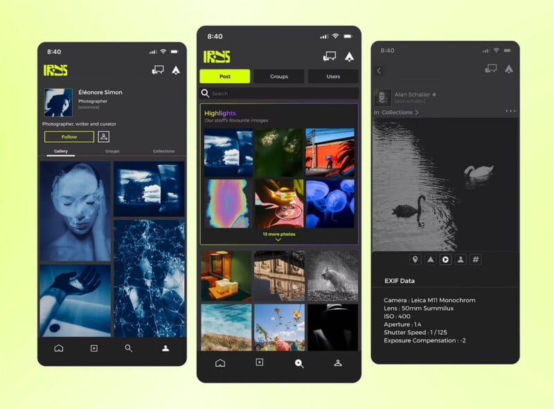 Three smartphone screens display a photography app interface, showing a user profile, a gallery of colorful photos, and photo details with EXIF data, all on a light yellow-green gradient background.