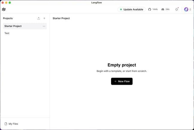 LangFlow Desktop's homepage is divided into projects on the left and flows on the right.
