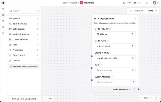 LangFlow's no-code interface allows you to build agents by dragging and dropping components from the side bar into a playground on the right.