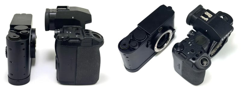 Two black, vintage-style digital cameras are shown from different angles, highlighting their buttons, dials, and lens mounts. The cameras appear compact and minimalistic, placed on a white background.