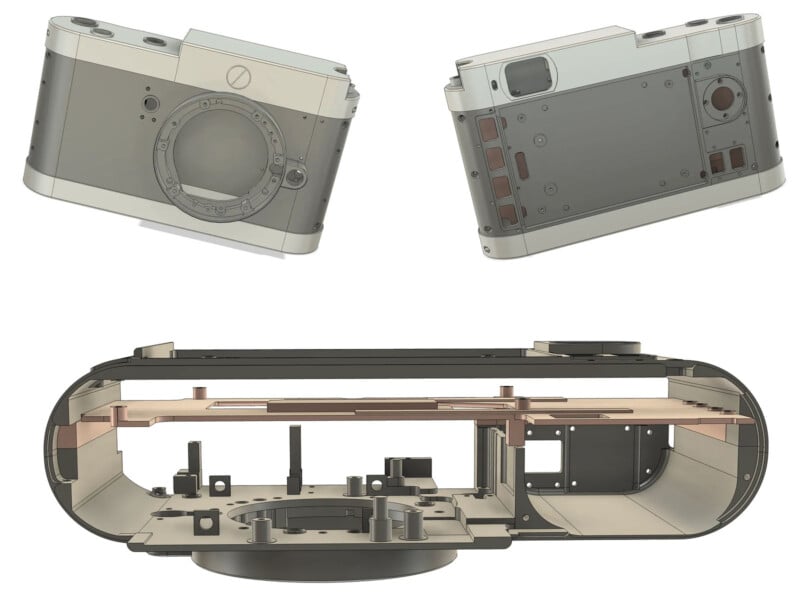 Three technical renderings of a compact digital camera: two show the exterior from different angles, and one shows a cutaway view revealing the internal components and structure.