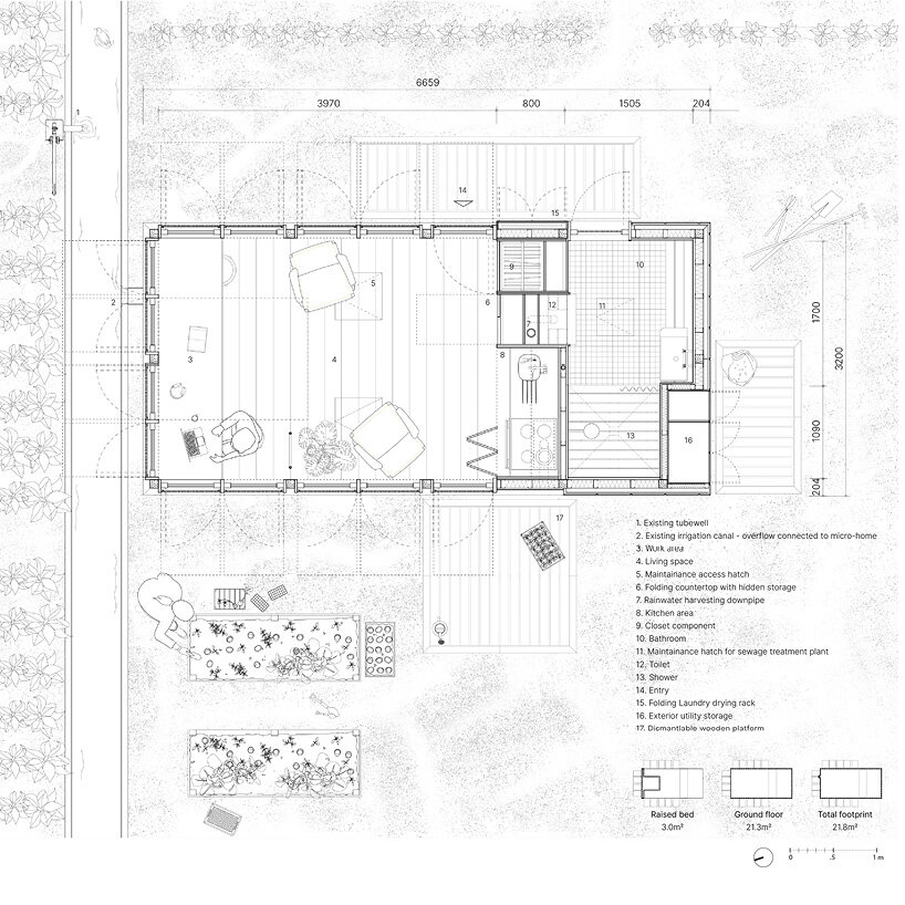 ground floor plan showing the compact 25 sqm footprint organized around a raised timber frame, with tightly arranged domestic spaces and exterior platforms extending into the landscape