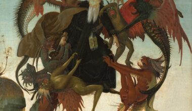 An early, vertical composition by Michelangelo of Saint Anthony surrounded by demons above a landscape