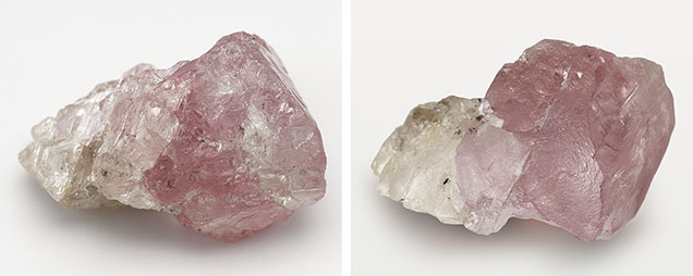 Two photos of a bicolor diamond from Bostwana. Half of the diamond is pink and the other half is colorless.