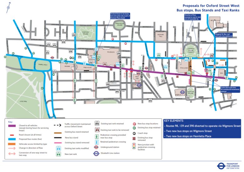 Map of bus and taxi routes around Oxford Street for public consultation ending 16 January 2026.