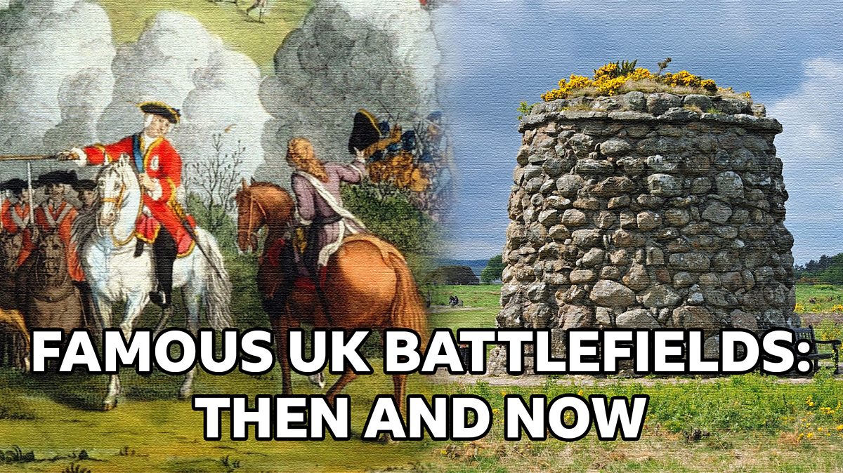 A mix of an artist's impression of a battle with soldiers on horses and a memorial stone