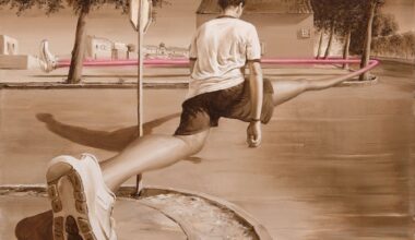 An oil painting by Paco Pomet of a young man walking across a street, with perspective exaggerated to make his back leg very large and his front leg extremely long, as it stretches around a tree across the street