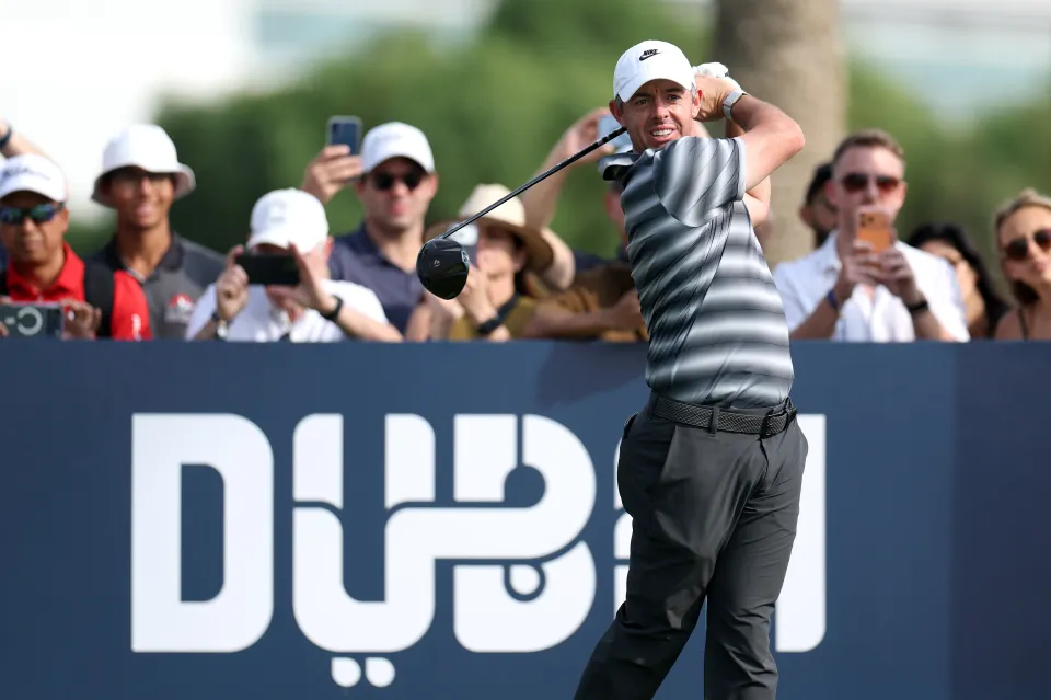 Rory McIlroy of Northern Ireland tees off on the ninth hole on day one of the Dubai Invitational 2026 at Dubai Creek Resort on January 15, 2026 in Dubai, United Arab Emirates.