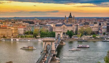 Budapest Hungary, city skyline sunset at Danube River with Chain Bridge and St. Stephen's Basilica