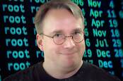 Combination of Linus Torvalds and some Linux terminal in the background