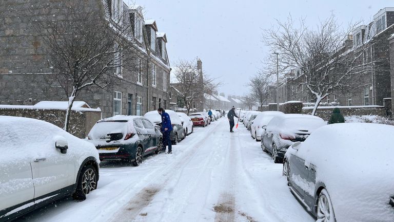Wintry conditions in Aberdeen on Sunday, which is covered by an amber warning. Pic: PA