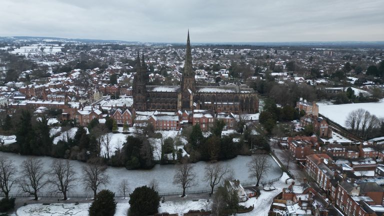 Wintry scenes in the cathedral city of Lichfield, Staffordshire. Pic: PA