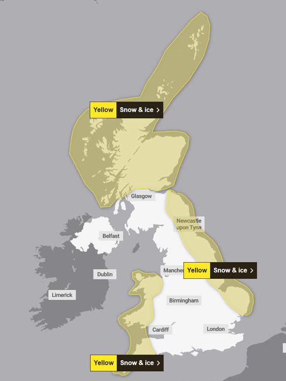 The Met office weather warnings in place for Tuesday. Pic: PA.