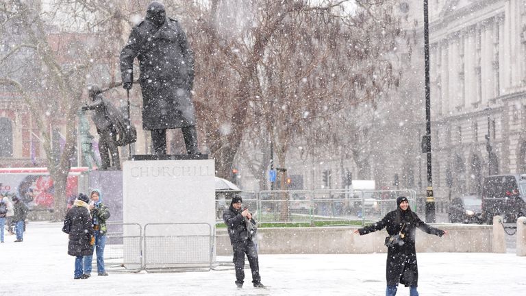 Snow fell in Westminster earlier in January. Pic: PA