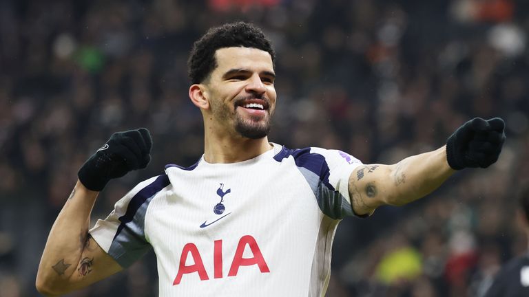 Dominic Solanke celebrates after doubling Spurs lead