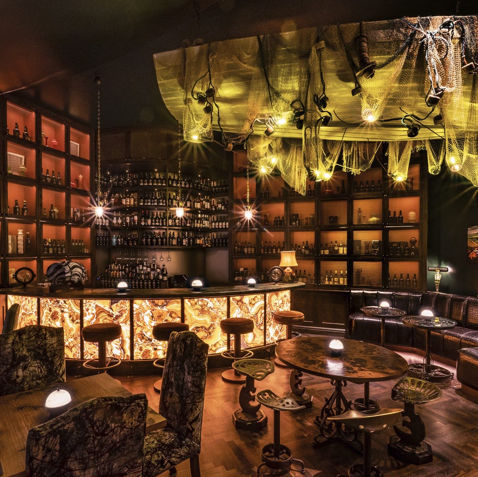 stylish bar interior with unique decor and lighting