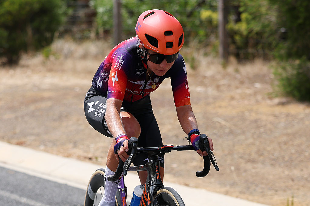 GEELONG, AUSTRALIA - JANUARY 31: Petra Stiasny of Switzerland and Team Human Powered Health competes in the breakaway during the 10th Mapei Cadel Evans Great Ocean Road Race 2026, Women&amp;apos;s Elite a 141.2km one day race from Geelong to Geelong / #UCIWWT / on January 31, 2026 in Geelong, Australia. (Photo by Con Chronis/Getty Images)
