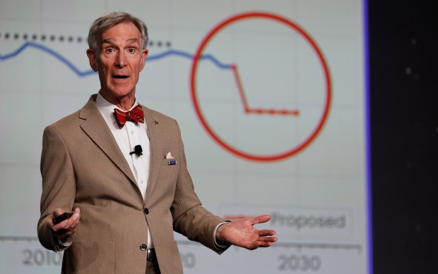 Bill Nye, CEO of The Planetary Society, with a chart of NASA's budget over time, as he delivers the Day 1 Closing Keynote: How the Nation's Science Shapes Commercial Opportunity; during the SpaceCom 2026 conference at the Orange County Convention Center, on Thursday, January 29, 2026. (Ricardo Ramirez Buxeda/ Orlando Sentinel)