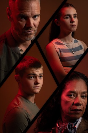 Emmerdale characters Ray, April, Dylan and Celia all pictured in a shattered glass type image with red lighting.