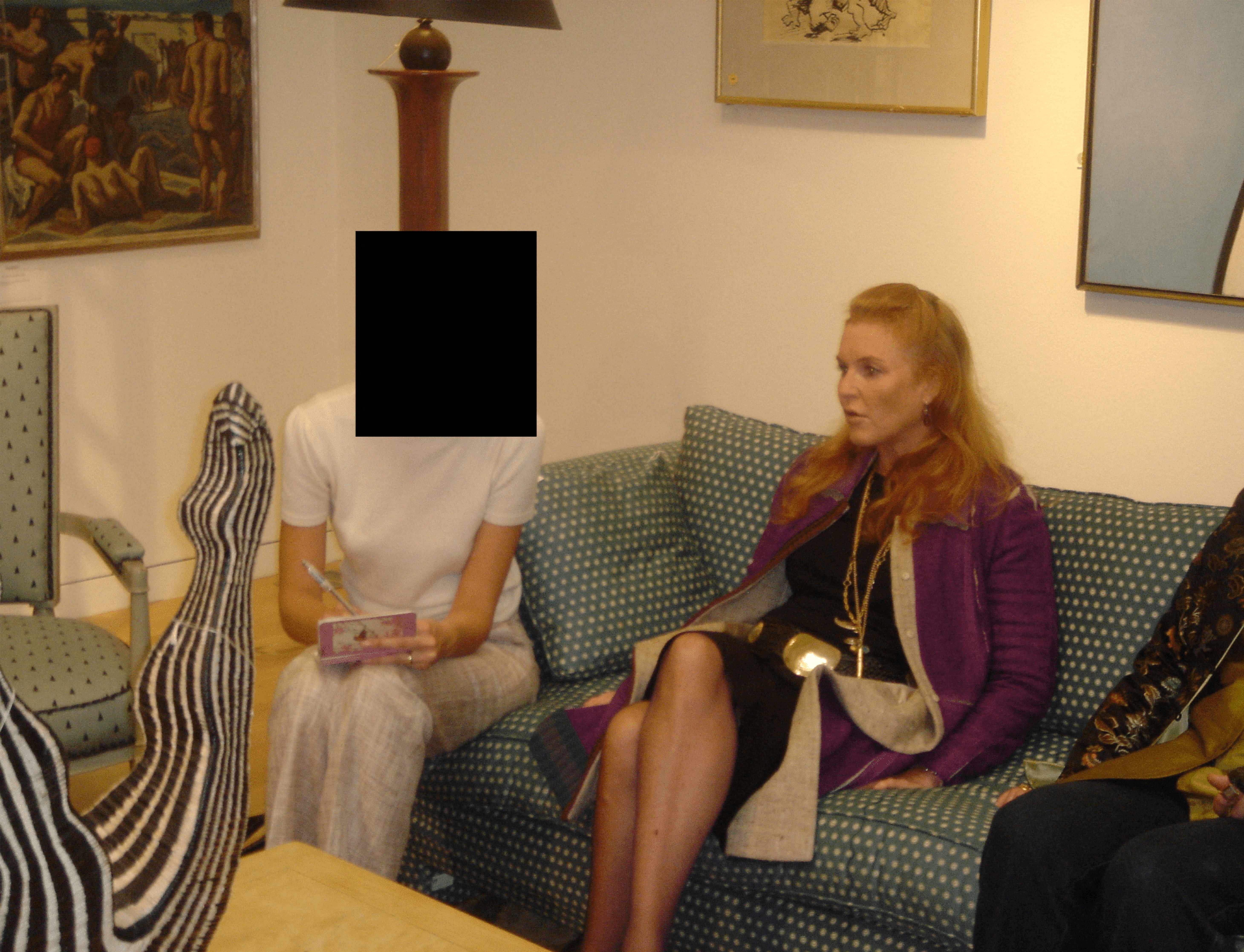 Sarah Ferguson, Duchess of York, seated on a couch, as part of documents related to Jeffrey Epstein's investigation.