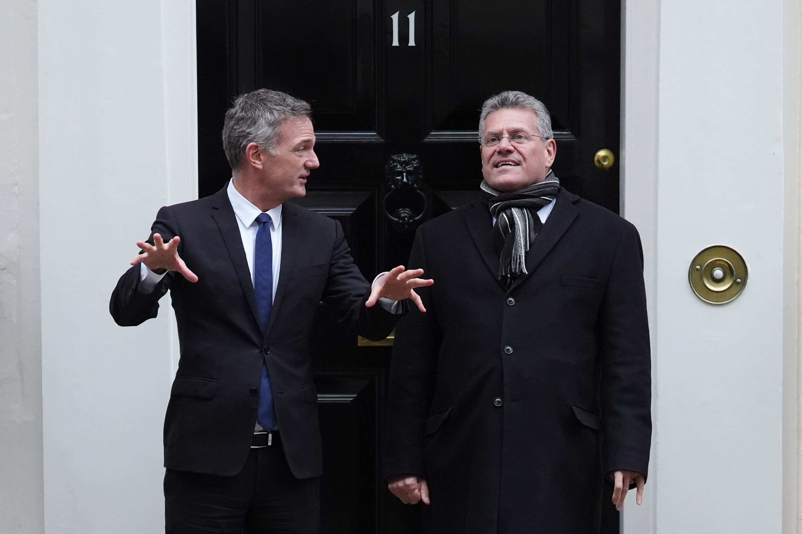 UK Business and Trade Secretary Peter Kyle and European Commissioner Maros Sefcovic outside No 11 Downing Street.