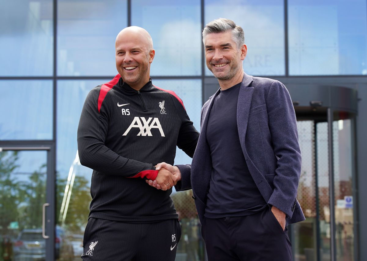 New Liverpool manager Arne Slot with sporting director Richard Hughes during a photocall at the AXA Training Centre, Liverpool. 