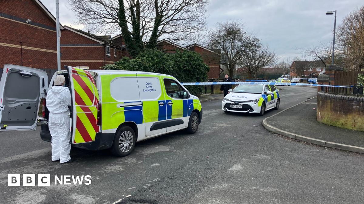 One police car and one police van can be seen on the road, where police tape has blocked off part of the residential street. A person in a full white forensics suit is in the foreground of the picture wearing a mask and head covering.
