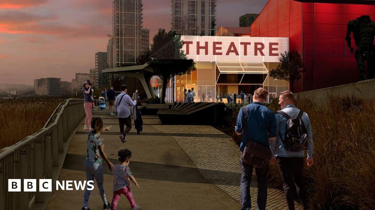 An artists' impression of the new theatre, which shows groups of people walking along the pavement on the approach to the venue that has a modern design with the word 'theatre' in big capital letters in red. The sun is setting with some big buildings in the background behind the theatre.