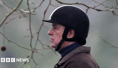 Andrew wearing a riding helmet as he rides in Windsor in February 2026