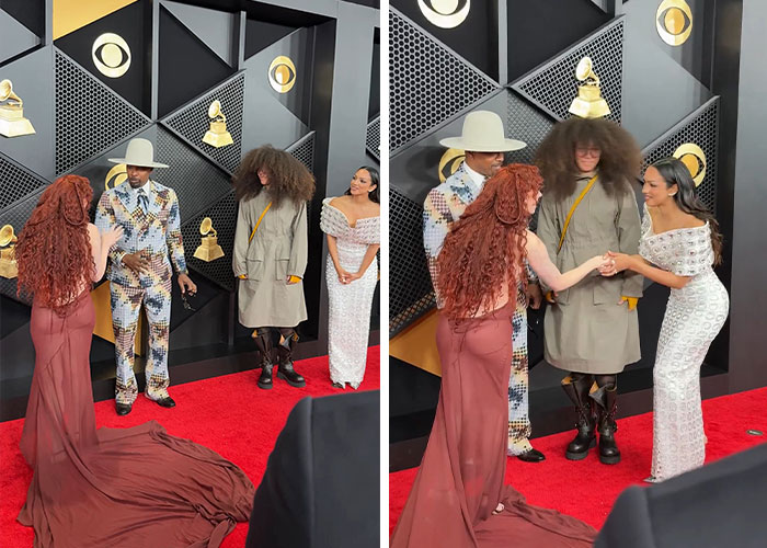 Jamie Foxx and Chappell Roan share a quirky moment on the Grammy red carpet with two other attendees.