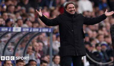 Daniel Farke smiling with hands open wide