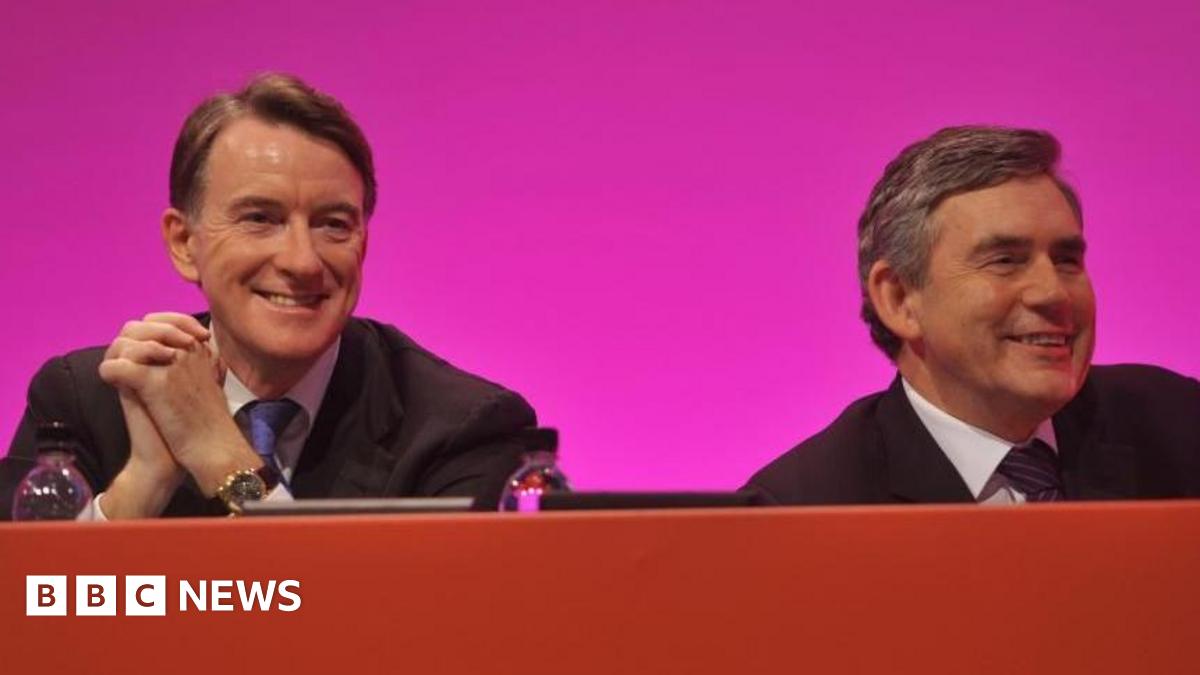 Peter Mandelson and Gordon Brown sitting on stage together at Labour Party conference
