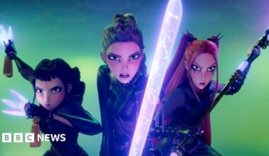 The three female animated stars from the pop group Huntr/x of KPop Demon Hunters