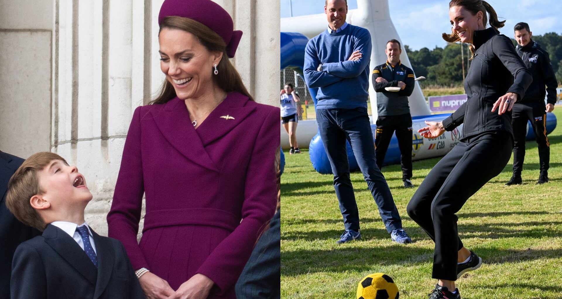Princess Kate looking down at Prince Louis and laughing; Princess Kate kicking a soccer ball with Prince William watching on and smiling