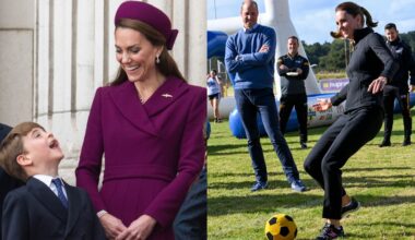 Princess Kate looking down at Prince Louis and laughing; Princess Kate kicking a soccer ball with Prince William watching on and smiling