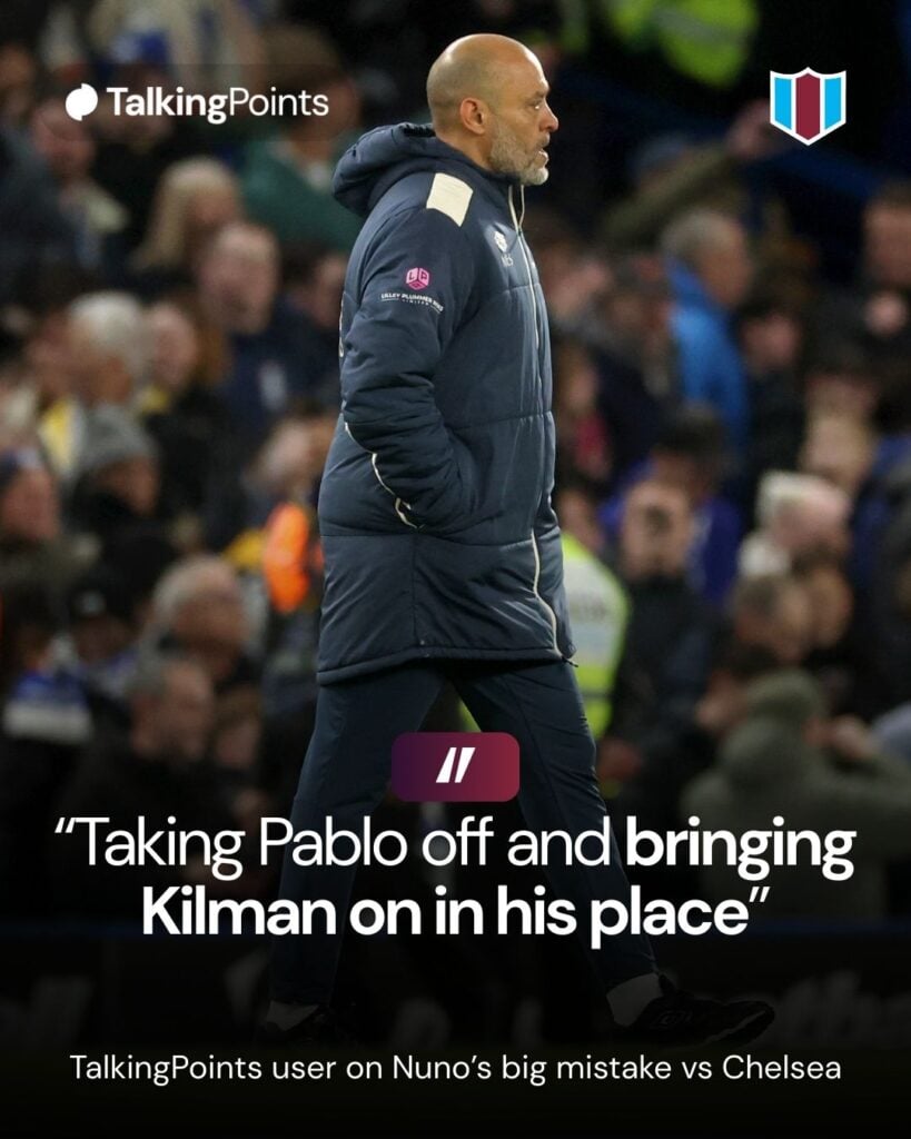 A graphic showing a TalkingPoints user on Nuno's big mistake for West Ham vs Chelsea.