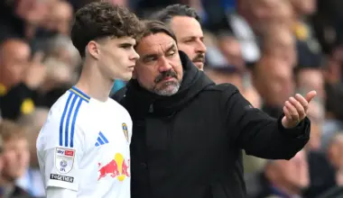 Leeds United manager Daniel Farke gives instructions to Harry Gray as he prepares to come onto the pitch
