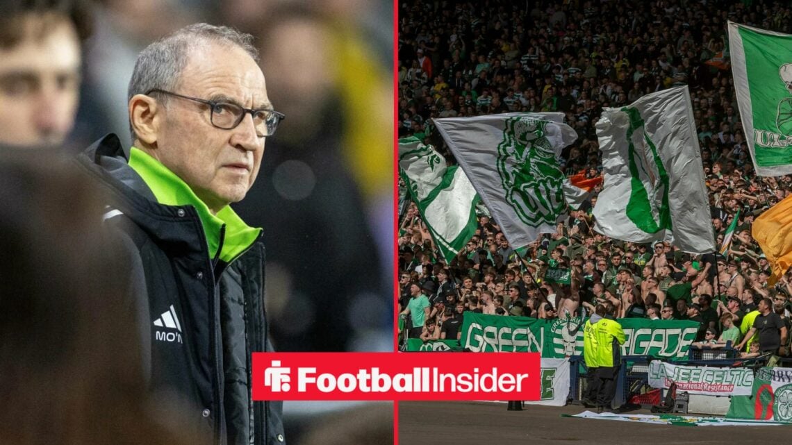 Martin O'Neill glances across a split image towards Celtic fans, who wave flags in the stands.