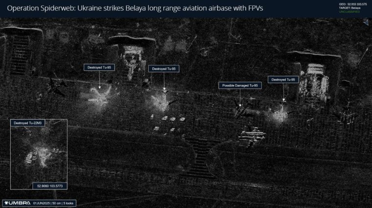 First satellite imagery showing the aftermath of major Ukrainian drone strike on Russia's Belaya air base in Irkutsk Oblast, revealing significant damage to Moscow's fleet of strategic bombers, posted on X on June 2. Operation Spiderweb : Ukraine strikes Belaya long range airbase with FPVs Credit : @CSBiggers / @UmbraSpace Photos, captured by U.S. aerospace company Umbra Space, appear to confirm the destruction of at least three Tu-95MS strategic bombers and one Tu-22M3 aircraft, with an additional Tu-95MS visibly damaged. https://x.com/CSBiggers/status/1929328562017886327 https://x.com/CSBiggers/status/1929328562017886327/photo/1 https://umbra.space/open-data/ https://x.com/umbraspace
