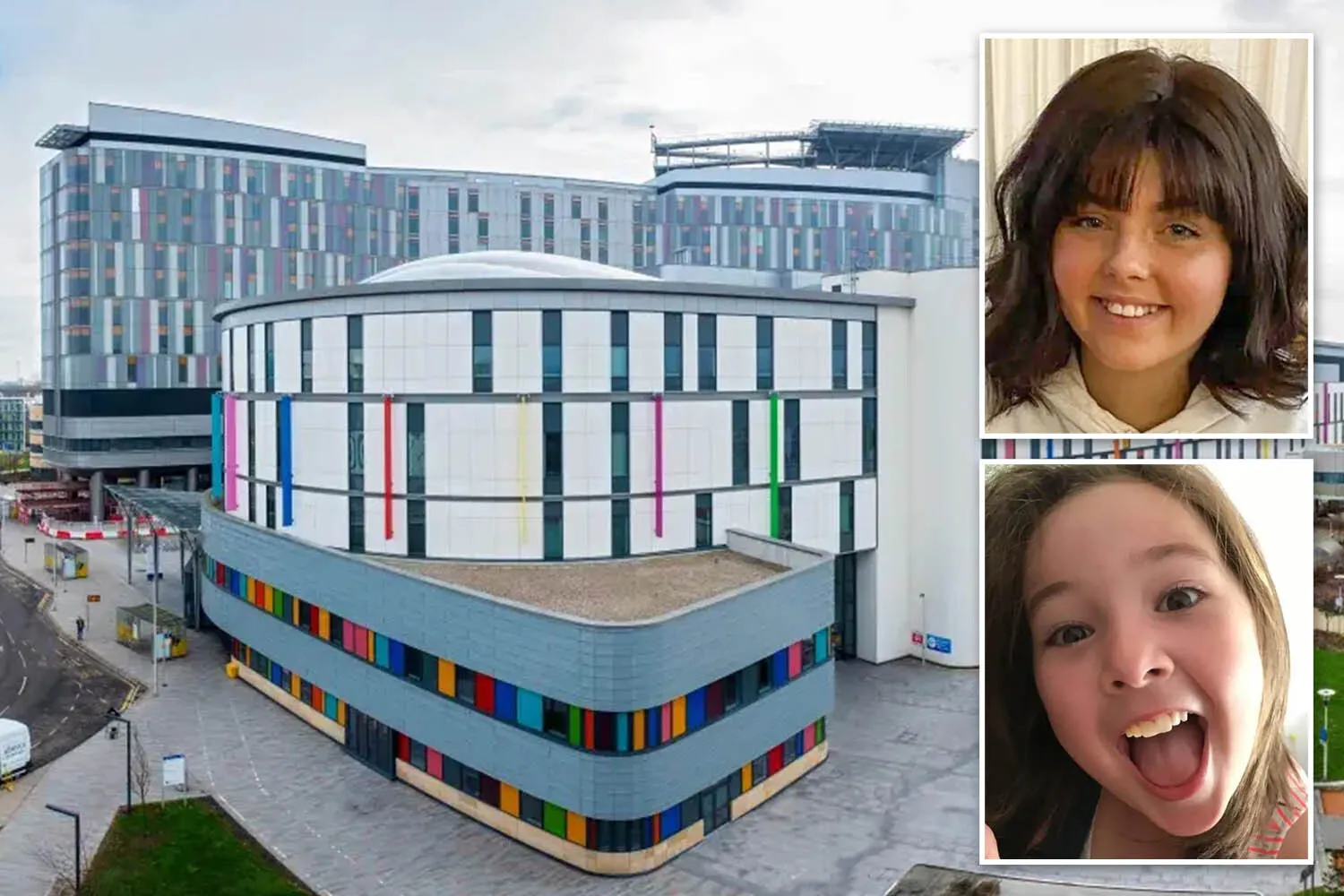 Collage of a modern hospital building with colorful accents, a smiling young woman, and a young girl with her mouth open in excitement.