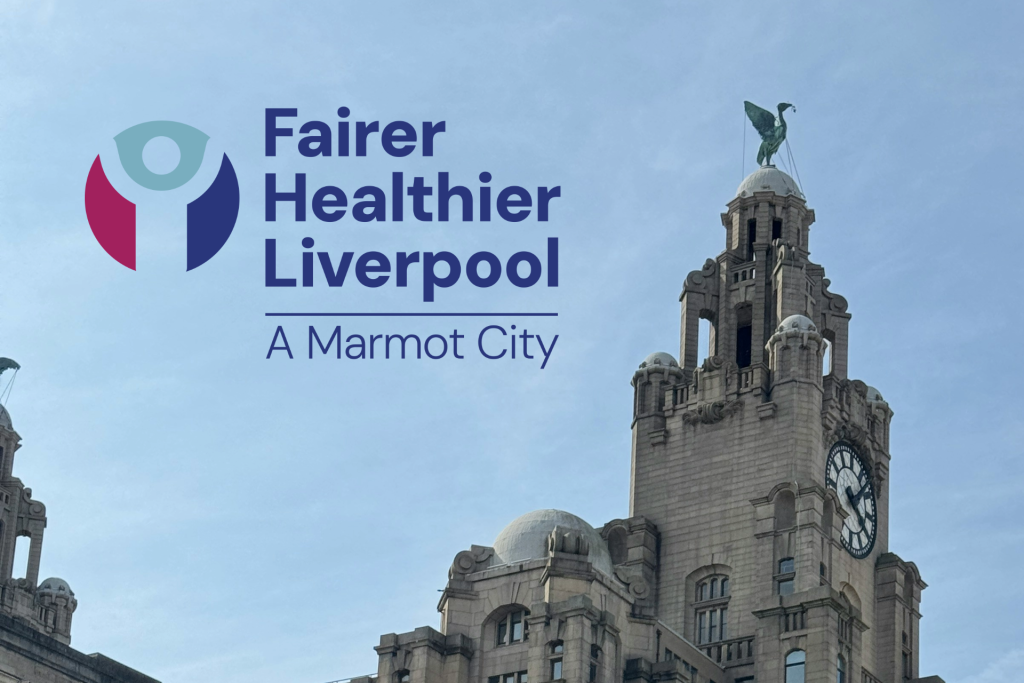Liver building with the Fairer, Healthier Liverpool logo overlayed