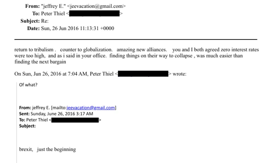Epstein appears to have celebrated Brexit in an email thread with tech billionaire Peter Thiel (DOJ)