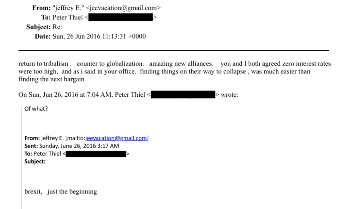 Epstein appears to have celebrated Brexit in an email thread with tech billionaire Peter Thiel (DOJ)