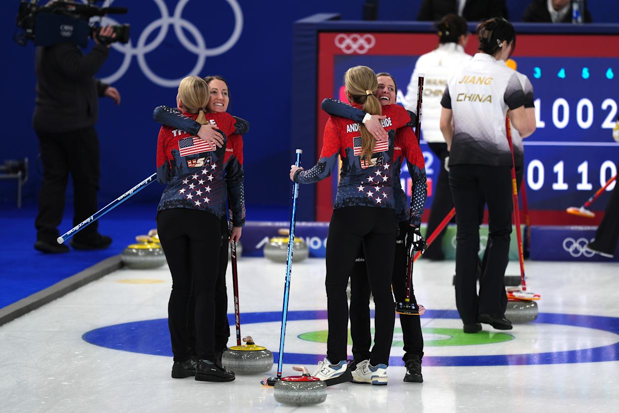 USA team-mates celebrate victory against China following the Women's Curling Round Robin match at the Curling Stadium, on day nine of the Milano Cortina 2026 Winter Olympics, Italy. Picture date: Sunday February 15, 2026. (Photo by Andrew Milligan/PA Images via Getty Images)